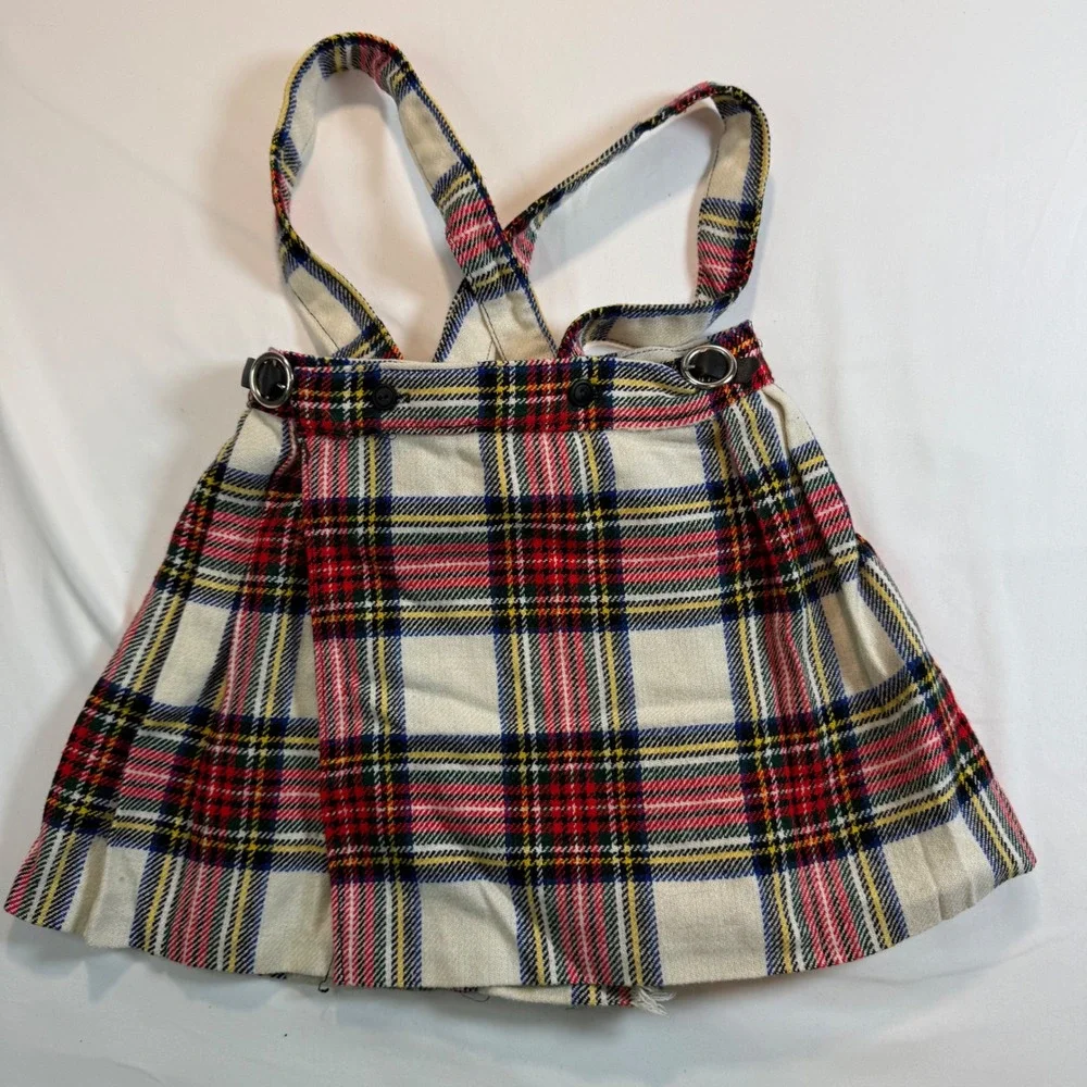 Vintage Clanric Kids Plaid Pinafore Skirt Made in England Wool Blend Tartan Kilt